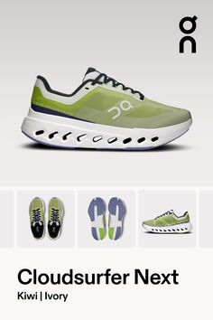 an advertisement for the cloudsurfer next shoe brand, featuring different shoes and footwear