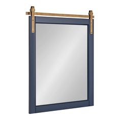 a blue mirror with a wooden frame and metal bars on the bottom, against a white background