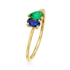 Ross-Simons - .20ct Sapphire, .10ct Emerald Toi et Moi Ring in 14kt Yellow Gold. Size 7. RS Pure. Modern designs that complete your outfit and complement your personality. French for "you and me," Toi et Moi rings are a unique way to celebrate a special relationship in your life. Wear our on-trend, two-stone designs as a sentimental symbol of romance, friendship, family - or simply treat yourself to double the sparkle! This dainty statement features a .20 carat oval sapphire glowing beside a .10 Emerald Birthstone, May Birthday, Stone Design, Pear Shaped, Stone Rings, Emerald, Modern Design, Sapphire, Size 7