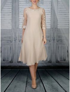 Sheath / Column Mother of the Bride Dress Wedding Guest Party Elegant Scoop Neck Tea Length Chiffon Lace Half Sleeve with Ruffles Solid Color Bias Cut Dress, Mother Wedding Dress, Dress Wedding Guest, Mother Of The Bride Dress, Tea Length, Chiffon Lace, Wedding Bridesmaid Dresses, Sierra Leone, Dress Wedding