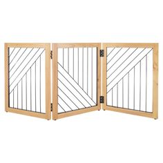 an open wooden gate with metal bars on the top and bottom panels, in front of a white background