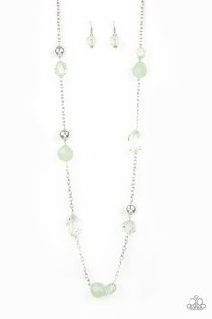 Infused with oversized silver beads, a collection of glassy and opaque green crystal-like beads trickle along a shimmery silver chain for a whimsical look. Features an adjustable clasp closure.

Sold as one individual necklace. Includes one pair of matching earrings. Collar Verde, Paparazzi Consultant, Easy Jewelry, Necklace Sets, Paparazzi Accessories, Green Crystal, Inspired Jewelry, Green Necklace, Paparazzi Jewelry