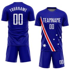 a blue soccer jersey with the name team name 00 on it and an australian flag