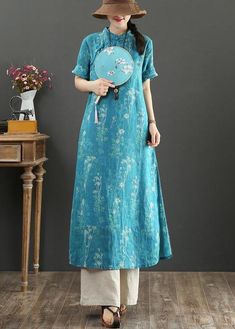 Fashion Blue Print Oriental side open Long Summer Linen DressFabric: Cotton 45%, Linen 55%Size & Fit: Fit: This garment fits true to size.Length: Size XL measures 47.58"from shoulder to hemBust: Great for any cup size. Waist: Loose Fit. Comfortable room throughout midsection.Hip: Loose Fit - room for hips. Hand Wash Cold. Long Spring Dresses With Side Slits, Light Blue Long Dresses For Spring, Long Light Blue Spring Dress, Blue Midi Dress With Side Slits For Summer, Blue Shift Maxi Dress, Casual Blue Dresses With Side Slits, Blue Summer Dress With Side Slits, Blue V-neck Midi Dress With Side Slits, Spring Blue Midi Dress With Side Slits