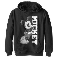 Who knew that dressing "mousey" could be so cute!? Celebrate Walt Disney's most iconic character with these officially licensed Mickey Mouse and Friends styles! This cool Boys' Hoodie features a large graphic of Mickey Mouse in black and white leaning on his name, perfect for your next trip to Disneyland! Size: xl. Gender: male. Age Group: kids. Pattern: Mice. Material: Cotton. Mickey Hoodie, Trip To Disneyland, Pull Over Hoodie, Disney Kids, Mickey Mouse And Friends, Vintage Mickey, Boys Hoodies, Mickey And Friends, Disney Mickey Mouse