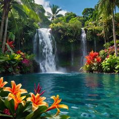 the waterfall is surrounded by tropical plants and flowers in the foreground, with blue water