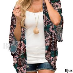 Bjux - Womens Floral Print Semi-Sheer V Neck Rash Guard Beachwear Cardigan - Long Sleeve Chiffon Blouse - Ideal Swimwear & Clothing Summer Floral Print Casual Cardigan, Casual Printed Cardigan For Beach, Casual Floral Print Summer Cardigan, Casual Summer Floral Print Cardigan, Open Front Blouse For Beach, Spring Season, Spring Open Front Blouse For Beach, Open Front Blouse For Beach In Spring, Open Front Blouse For Spring Beach Outing, Summer Printed V-neck Cardigan