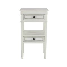 a small white table with two drawers on one side and an open drawer on the other