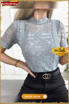 Crochet Lace Short Sleeve Top P6380289720 Fitted Casual Lace Top For Party, Elegant Gray Crew Neck Top, Gray Party Tops For Spring, Elegant Gray Short Sleeve Tops, Gray Party Top For Spring, Lace Top Blouse, Crochet Lace Shorts, Style Hacks, Lace Long Sleeve Shirt