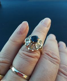 Stunning 14k Yellow Gold, Baguette Diamond, Round Blue Sapphire Ballerina ring.. Diamonds are Approximately 1.50ct, SI-I,JK, yellowish tone, not White. Blue Sapphire in Dark Blue color.. Ring look Spectacular, just Gorgeous.. Great Vintage Condition. Blue Sapphire Ring With Baguette Diamonds For Wedding, Elegant Sapphire Ring With Baguette Diamonds For Anniversary, Blue Baguette Diamond Jewelry For Wedding, Blue Jewelry With Baguette Diamonds For Wedding, Wedding Sapphire Ring With Baguette Diamonds, Classic Sapphire Ring With Baguette Diamonds For Wedding, Fine Jewelry Sapphire Ring With Baguette Diamonds For Wedding, Wedding Sapphire Ring Emerald Cut Stamped 14k, Wedding Sapphire Ring 14k Emerald Cut