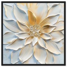 a white and gold flower with leaves on it's petals is shown in black frame