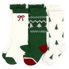 Tree Farm Knee High Sock 3-Pack Trees, Bows, Fair Isle. In Ivory, Noble Green and Cherry Red. Neutral meets Classic in this perfect Christmas set of knee high socks. Knee Highs are meant to hit just below the knee. Slight variations in sock length are normal. Machine wash cold with like colors. Tumble dry low or lay flat to dry. 79% cotton / 19% polyester / 2% spandex Fawn Design, Magnolia Baby, Kids Christmas Outfits, Baby Bling, Knee Highs, Christmas Set, Elegant Baby, Sun With Sunglasses, Toy Brand