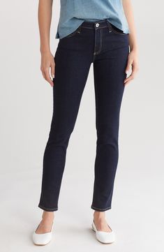 Refresh your essentials with slim-straight jeans cut from soft cotton-blend denim with a hint of stretch. 29" inseam; 8 1/2" front rise (size 26) Zip fly with button closure Five-pocket style 98% cotton, 2% polyurethane Machine wash, tumble dry Imported Everyday Fitted Straight Leg Jeans, Stretch Straight Bottoms For Everyday, Straight Silhouette Bottoms For Everyday Spring Wear, Everyday Bottoms With Five Pockets In Straight Silhouette, Dark Wash Stretch Straight Bottoms, Casual Everyday Jeans With Straight Silhouette, Fitted Bottoms With Five Pockets And Straight Silhouette, Fitted Straight Jeans In Dark Wash, Fitted Straight Dark Wash Jeans