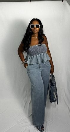 Our 2 pc denim peplum set is the perfect set for your Summer outings! Set features light weight denim pants with elastic waist and functional drawstring. Peplum top has a pull on style with full stretch elastic all around. Can be worn with or without bra. Available in S-XL. Model is wearing a Large. inseam is 36” Small 4-6 Medium 8-10 Large 12-14 XL 16-18 Denim Set, Pants With Elastic Waist, Without Bra, Summer Kimono, Kaftan Dress, Feature Light, Guinea Bissau, Mozambique, Denim Pants