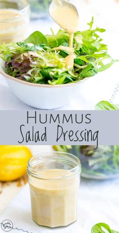 hummus salad dressing in a white bowl next to a glass jar filled with mustard