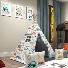 a child's teepee with cars and trucks on it