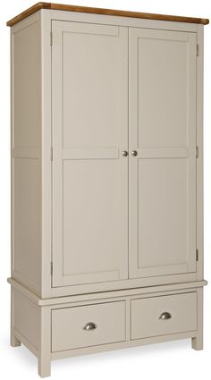 an armoire with two drawers and one door on the bottom, is shown in white