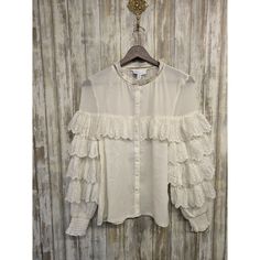 Topshop Victorian Ruffle Sleeve Sheer Lace Top Ivory Button Up Us Women's Size 2 New With Tags Msrp $68 Beautiful Top - Please See Photos For More Details And Measurements! Chic White Blouse With Pearl Buttons, White Button-up Blouse With Pearl Buttons, White Tops With Pearl Buttons For Work, White Tops With Pearl Buttons For Workwear, Off White Ruffled Blouse For Brunch, White Ruffle Sleeve Blouse With Lace Trim, White Button-up Tops With Pearl Buttons, Ruffled Button-up Tops For Brunch, White Blouse With Lace Trim And Ruffle Sleeves