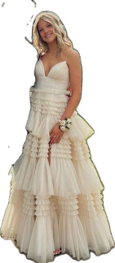 Tiered Gown For Prom Season, Prom Gown With Fitted Bodice And Tiered Shape, Elegant Gown With Spaghetti Straps And Ruffles, Tiered Gown With Fitted Bodice For Prom, Elegant Tiered Gown For Prom Season, Wedding Gown With Ruffled Straps, Tiered Gown For Wedding And Prom Season, Short Princess Dress, Long Ball Gown