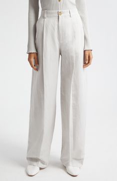 A touch of linen lends breezy comfort to these cotton-forward pants featuring a polished high rise and crisp pleats. 32" inseam; 23" leg opening; 11" front rise; 17 1/2" back rise (size 8) Zip fly with button closure Front slant pockets; back welt pockets 48% cotton, 26% rayon, 26% linen Dry clean or hand wash, line dry Imported Spring Modern Wide Leg Pants, Classic Cotton Wide Leg Pants For Summer, Modern Linen Wide Leg Pants For Workwear, High-waisted Tapered Linen Pants, Modern High-waisted Linen Wide Leg Pants, Classic Full-length Linen Wide Leg Pants, Classic Full Length Wide Leg Linen Pants, Classic Full Length Linen Wide Leg Pants, Tapered High-waisted Linen Pants