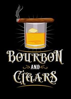 bourbon and cigars logo on black background with an illustration of a glass of whiskey