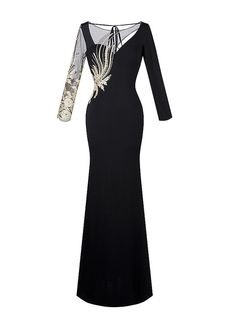 Women's Long Sleeves Embroidery Hollow Out See through Floor Length Evening Dress Black Elegant Fitted Dresses With Embroidered Sleeves, Fitted Dress With Customizable Length For Banquets, Fitted Dress With Embroidered Sleeves For Wedding, Fitted Embroidered Evening Dress For Party, Black Embroidered Dresses For Banquet, Embroidered Fitted Evening Dress For Party, Black Embroidered Dress For Banquet, Fitted Wedding Gown With Embroidered Sleeves, Fitted Evening Dress With Embroidered Sleeves