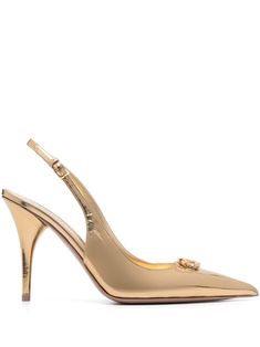 gold-tone calf leather patent finish pointed toe VLogo Signature branded footbed 100mm stiletto heel leather sole buckle-fastening slingback strap Gold Heels With Gold-tone Hardware For Evening, Gold Heels With Buckle Closure For Formal Occasions, Formal Gold Heels With Buckle Closure, Elegant Gold Heels With Buckle Closure, Luxury Gold Leather Slingback Pumps, Gold High Heels With Gold-tone Hardware, Luxury Gold Slingback Pumps With 4-inch Heel, Designer Gold Slingback Pumps With Heel Strap, Designer Gold Slingback Pumps For Evening