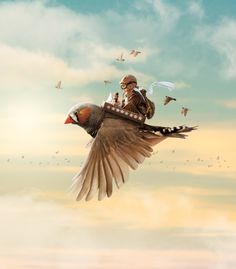 a man riding on the back of a bird in the sky with birds flying around