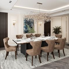 a dining room table with chairs and a chandelier hanging from the ceiling