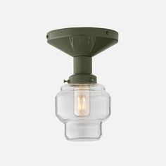 a light that is on top of a ceiling fixture with a glass dome and metal fittings