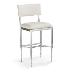 a white chair with chrome legs and a seat cushion on the back is shown in front of a white background