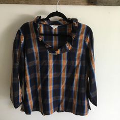 Dark Navy Base With Colorful Plaid. I Never Wore This But Took The Tags Off. Material Does Not Stretch. Shirt Is Pullover Style. Nwot Navy Base, Tops Long Sleeve, Long Sleeve Plaid, Dark Navy, Blue Orange, Pullover Styling, Ivy, Long Sleeve Tops, Top Blouse