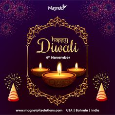 happy diwali with three lit candles in front of fireworks and a purple background