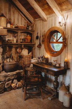 an old fashioned desk and chair in a rustic cabin