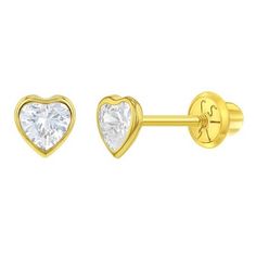 This sweet pair of small screw back earrings for girls are crafted entirely of 14k yellow gold and adorned with a stunning heart cubic zirconia stone in a bezel setting. Equipped with screw backs they will stay safely in place and your little girl will be super comfortable wearing them all day and night. A meaningful fine jewelry gift for a loved one, packaged into their own little gift box for your convenience. Gold Diamond Heart Earrings Brilliant Cut, Gold Heart Cut Brilliant Diamond Earrings, Gold Heart Cut Diamond Earrings With Brilliant Cut, Gift Diamond Earrings With Screw Back And Cubic Zirconia, Gold Brilliant Cut Heart Earrings, Gold Heart Earrings With Prong Setting, Gold Heart Cut Birthstone Earrings, Classic Gold Heart Cut Diamond Earrings, Gold Screw Back Diamond Earrings For Gift