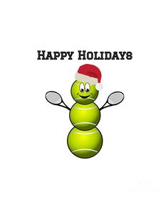 a green tennis ball with a santa hat on it's head and the words happy holidays