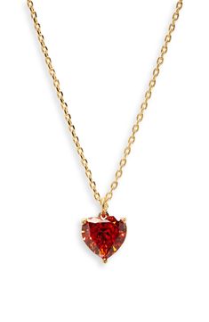 A cubic zirconia heart inspired by your birthstone centers this pendant necklace with love. 16" length; 1" - 3" extender; 1/4"W x 1/4"L pendant Goldtone plate/cubic zirconia Imported Kate Space Necklace, Garnet Heart Necklace, Red Necklaces, Jewellery Wishlist, Heart Stone Necklace, Leather Beaded Necklace, Red Heart Necklace, Garnet Heart, Kate Spade Necklace