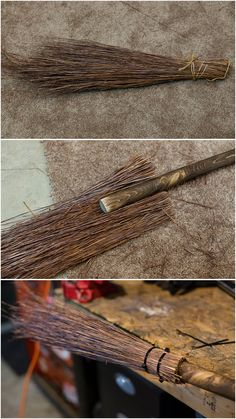 three pictures of different types of brooms on the floor