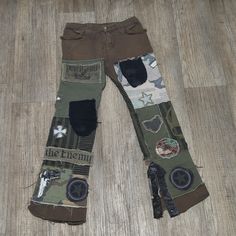 These Pants Are Amazing!! Super Rare!! Vintage Serious Clothing Brand. Heavy Weight Denim Like Material In Army Green. Layers Of Patches. Can't Even Begin To Describe Here... Just Look At The Photos!! In Excellent Pre-Owned Condition. Marked A Sz 32...But That's Vintage Sizing. Waist Measurement Is Approximately 28". Edgy Patchwork Cotton Bottoms, Edgy Patchwork Bottoms For Streetwear, Fitted Distressed Punk Bottoms, Fitted Punk Distressed Bottoms, Punk Style Distressed Fitted Bottoms, Distressed Straight Leg Pants For Alternative Fashion, Punk Wide Leg Distressed Pants, Distressed Fitted Alternative Bottoms, Fitted Distressed Alternative Bottoms