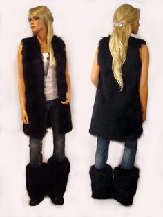 Classic and chic Black Angora faux fur long vest with deep pockets on both sides and hidden hook and eye front closure. Extremely soft and luxurious high quality faux fur! Great fitting and easy to wear makes this the perfect way to add a little style to any dressy or casual attire. Fully lined with high quality satin. 100% high quality soft faux fur. Hand made in the USA. Sizes available in S, M, L, XL Hand wash cold, hang to dry. Most items from our shop ship within 1-2 business days. VIEW PIC Chic Black Sheepskin Fur Coat, Fitted Black Sheepskin Fur Coat, Fitted Faux Fur Vest With Faux Fur Lining, Winter Faux Fur Vest With Fur Trim, Winter Faux Fur Vest With Trim, Sleeveless Fur Coat With Faux Fur Trim For Fall, Sleeveless Fur Coat With Faux Fur Trim, Sleeveless Faux Fur Coat With Fur Trim, Sleeveless Faux Fur Coat