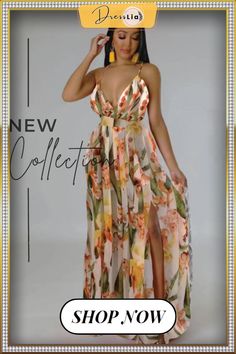 Sexy Floral Print Spaghetti Strap Backless Maxi Dress Trendy V-neck Party Sundress, Trendy Floral Print Sundress For Party, Chiffon Sundress With Spaghetti Straps For Parties, Trendy Strappy Beach Dress, Spring Party Strappy Maxi Dress, Summer Maxi Dress With Straps For Date Night, Chic Strappy Maxi Dress For Party, Summer Party Strappy Maxi Dress, Strappy Sundress For Summer Party