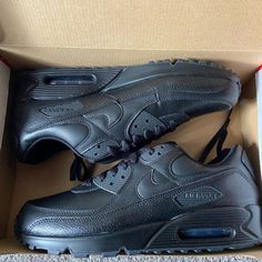 Brand New Nike Air Max 90 Ltr Sz12 Nike Air Max Leather With Cushioned Footbed, Black Leather Nike Air Max With Round Toe, Black Leather Nike Air Max Low-top Sneakers, Black Leather Low-top Nike Air Max, Nike Air Max With Synthetic Material, Black Leather Nike Air Max, Casual Nike Air Max Leather Running Shoes, Black Fade-resistant Nike Air Max, Black Fade-resistant Synthetic Nike Air Max