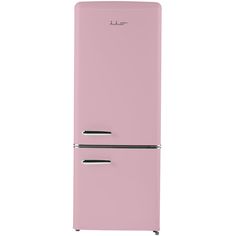 a pink refrigerator freezer sitting on top of a white floor next to a wall