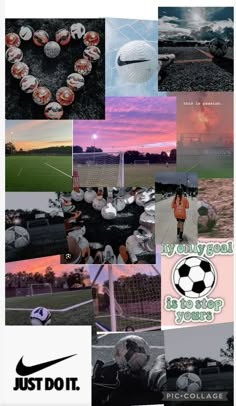 a collage of photos with soccer balls and the words just do it on them