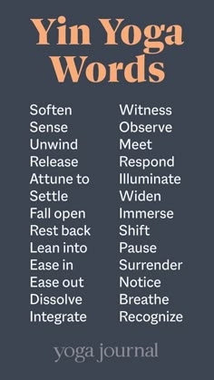 the yin yoga words list is shown in orange and black, on a dark background