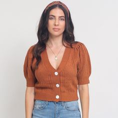 Endless Blue Brand Eyelet Puff Sleeve Cardigan. Details Color: Gingerbread Eyelet Weave Puff Sleeves Cropped Fit 100% Acrylic Hand Wash True To Size | Small Will Fit Xs/S Measurements: S: Bust = 33" | Length = 17" M: Bust = 35" | Length = 17.5 L: Bust = 37" | Length = 18" We Will No Longer Be Responding To Offers Made On Boutique Items. All Our Boutique Styles Come Directly From Our (Off Poshmark) Small Boutique. We Cannot Go Lower On The Prices As They Are Already Extremely Discounted From Thei Spring Knit Cardigan With Puff Sleeves, Casual Cropped Cardigan With Pointelle Knit, Cropped Pointelle Knit Cardigan For Fall, Casual Puff Sleeve Cardigan For Spring, Fall Short Sleeve Cardigan For Day Out, Short Sleeve Cardigan For Fall Day Out, Tweed Cardigan, Boho Market, Puff Sleeve Cardigan