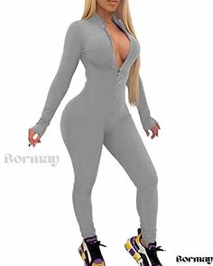 Bormay - Stylish V-Neck Zippered Jumpsuit with Long Sleeves Gray Fitted V-neck Jumpsuits And Rompers, Jumpsuit With Long Sleeves, Zipper Jumpsuit, Jumpsuit Fitted, Collar Jumpsuit, Tank Romper, Long Sleeve Jumpsuit, One Piece Bodysuit, Jumpsuit Romper