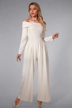 Chic Long Sleeve Pantsuit In A Solid Color, Chic Solid Color Long Sleeve Pantsuit, Spring Solid Color Long Sleeve Pantsuit, White Off-shoulder Jumpsuits And Rompers For Evening, White Off-shoulder Evening Jumpsuits And Rompers, Strapless Off-shoulder Jumpsuit For Spring Formal, Formal Spring Strapless Jumpsuit, Formal Spring Strapless Off-shoulder Jumpsuit, Elegant Off-shoulder Strapless Jumpsuit For Spring