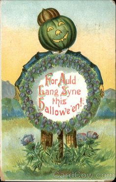 an old fashioned halloween card with a pumpkin on top