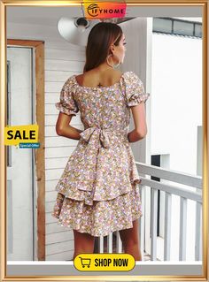 Spring Summer Puff Sleeve Print Dress Women Slim Cascading Ruffle Ladies High Waist Short Floral Beach Dresses Floral Beach Dresses, High Waist Short, Beach Dresses, Body Size, Above Knee, High Waisted Shorts, Puff Sleeve, Print Dress, Casual Dresses